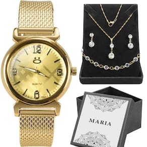 Relogio Feminino Banhado + Caixa + Pulseira + Colar Strass Dourado Social Moda Qualidade Premium