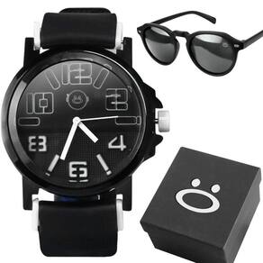 Relogio Masculino Aço Inoxidável Preto + Oculos Sol Pesado Ponteiro Presente Acetato Preto Silicone