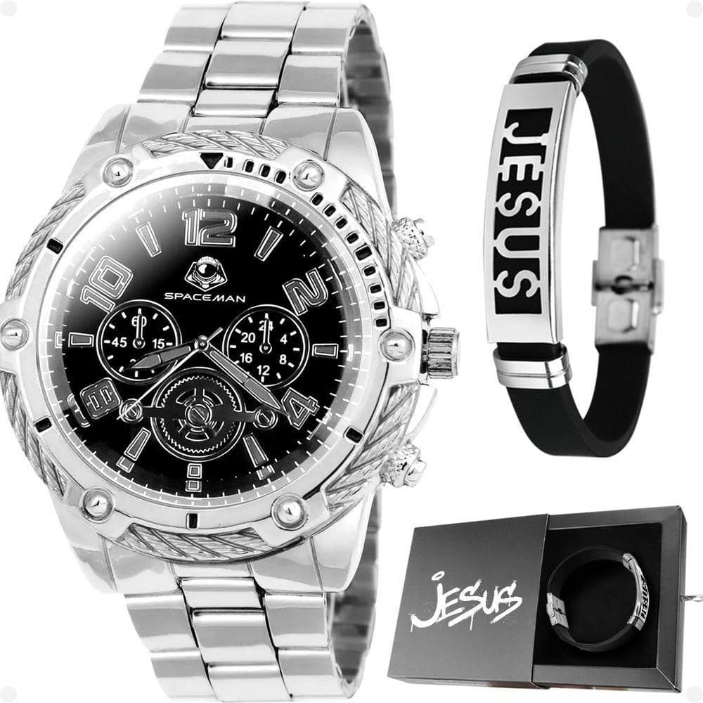 Relógio Masculino Prata Aço + Caixa + Pulseira Pai Nosso Social Robusto Casual Analogico Presente