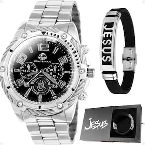 Relógio Masculino Prata Aço + Caixa + Pulseira Pai Nosso Social Robusto Casual Analogico Presente