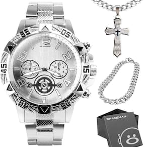 Relogio Masculino Aço Prata + Pulseira + Cordão Cruz + Caixa Grande Qualidade Premium Social Pesado