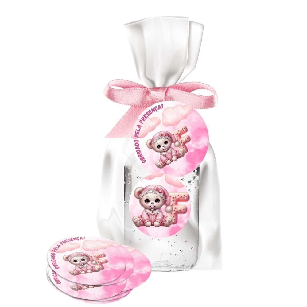 25 Lembrancinhas Alcool Gel Ursinha Rosa Alfabeto Letra F