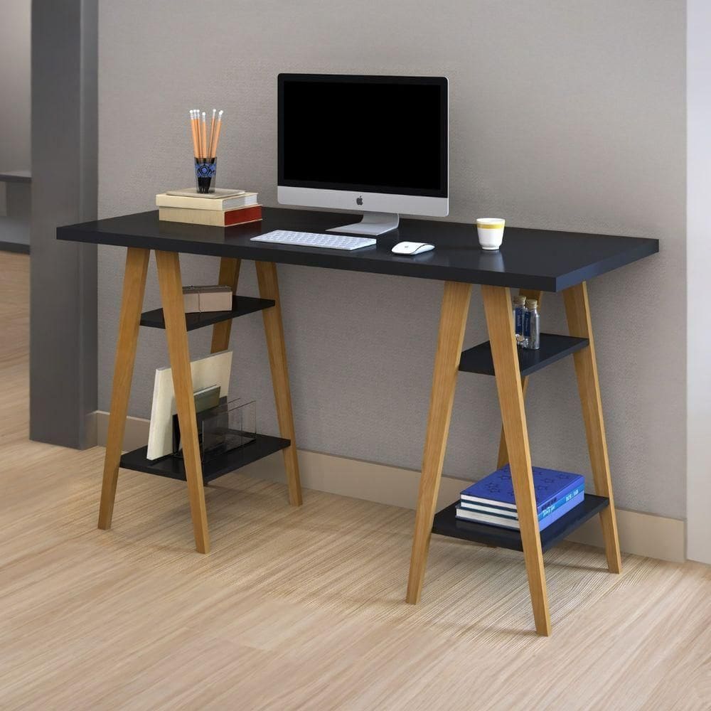 Mesa Escrivaninha Cavalete Mdf 4 Prateleiras Pinus Moderna