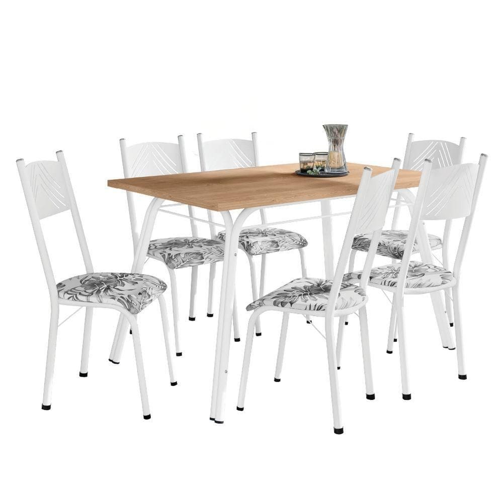 Conjunto De Mesa Sala De Jantar Lotus Com 6 Cadeiras Tampo Madeirado 1,36m Branco Floral Artefamol Branc/flor
