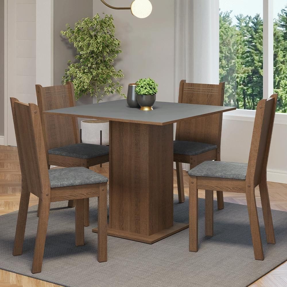 Conjunto Sala De Jantar Mesa Tampo De Madeira 4 Cadeiras Rustic Cinza Silver Samara Madesa