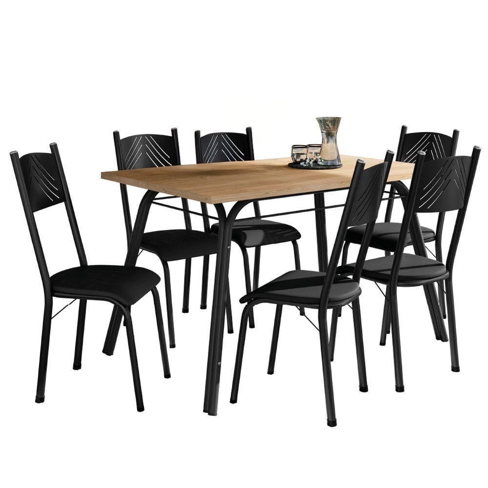 Conjunto De Mesa Sala De Jantar Lotus Com 6 Cadeiras Tampo Madeirado 1,36m Preto Artefamol Preto