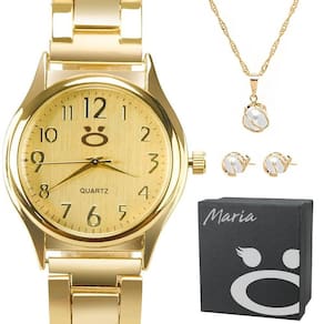Relogio Feminino Dourado Banhado + Caixa + Colar Brinco Social Analogico Perola Qualidade Premium