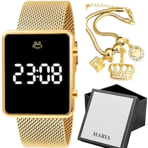 Relogio Feminino Digital Dourado + Caixa + Pulseira Banhada Social Presente Pulseira Ajustável