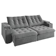 Sofá Retrátil E Reclinável 3 Lugares 2,30m Com Porta Copos Veludo New Coliseu Selmer Cinza Cinza