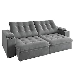 Sofá Retrátil E Reclinável 3 Lugares 2,30m Com Porta Copos Veludo New Coliseu Selmer Cinza Cinza