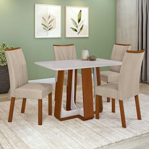 Conjunto Sala de Jantar Mesa 120x80cm Tampo Vidro/MDF com 4 Cadeiras Linho Bege Frassino/Off White