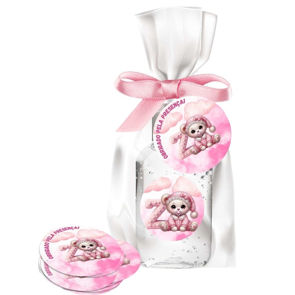Kit 25 Lembrancinhas Alcool Gel Ursinha Rosa Letra Z