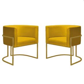 Kit 2 Poltronas Reforçadas Decorativa Sala Nayara Base Ferro Dourado Suede Amarela