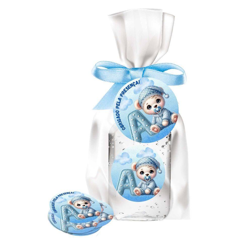 kit 25 Lembrancinhas Alcool Gel Ursinho Azul Maternidade e Chá De Bebê