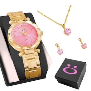 Relogio Feminino Aço Rosa + Caixa + Colar Strass + Brincos Social Presente Delicado Mostrador Rosa
