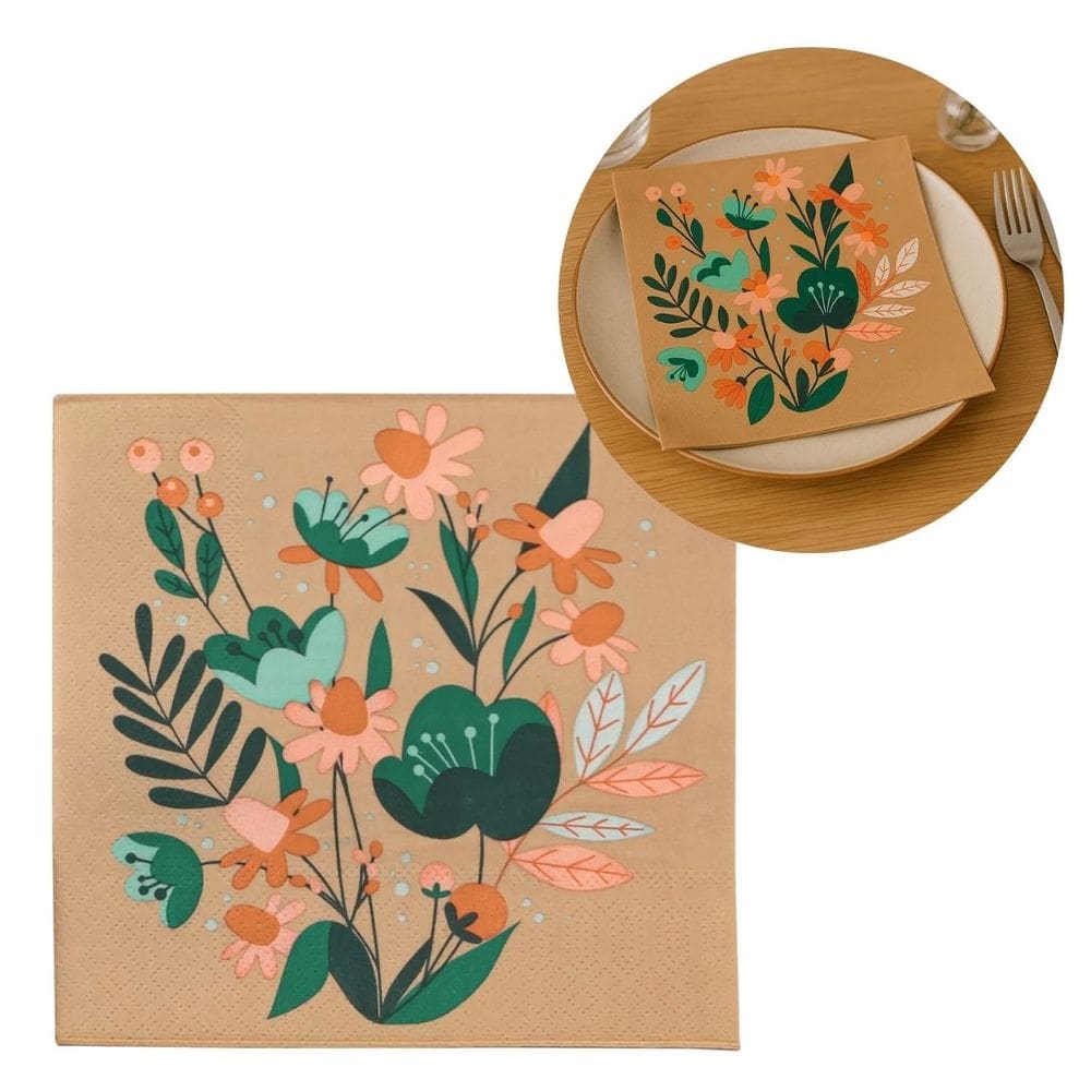 Guardanapo Estampado Flores Verde e Laranja Folhas Duplas 33cm 20 Folhas - Tuut