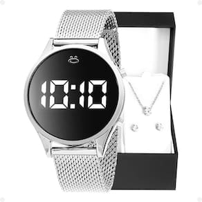 Relogio Feminino Digital Aço Inox + Colar + Caixa Academia Pulseira Ajustavel Ajustavel Presente Led