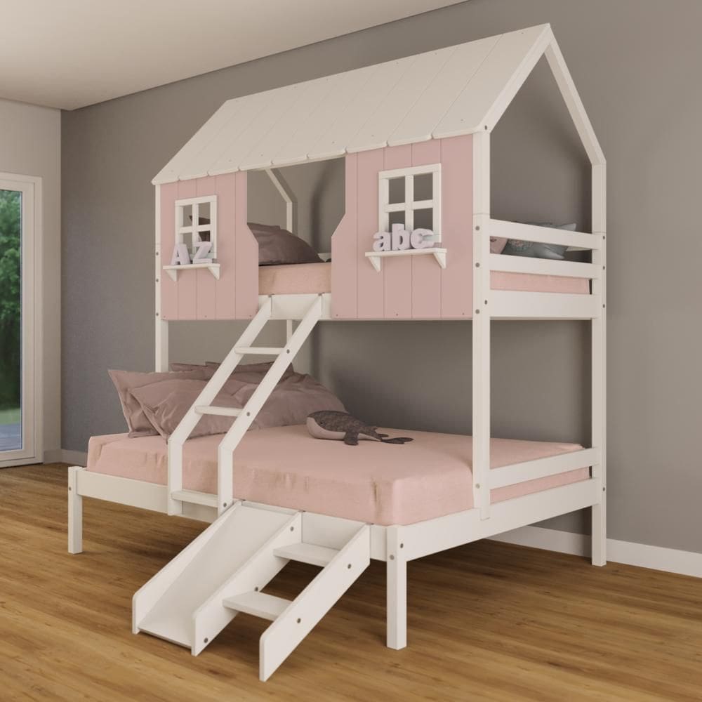 Beliche Casal/ Solteiro Casinha Encantada com Kit Escada/ Escorregador Madeira Maciça Rosa/ Branco Housin