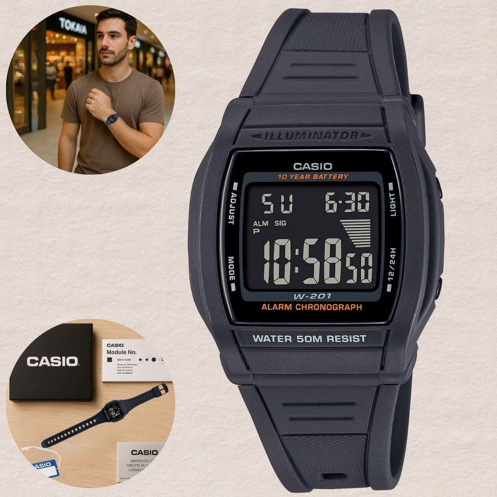 Relógio Casio Masculino Digital Prova D`água 5 ATM Esportivo Preto Bateria de 10 anos W-201-1BVDF
