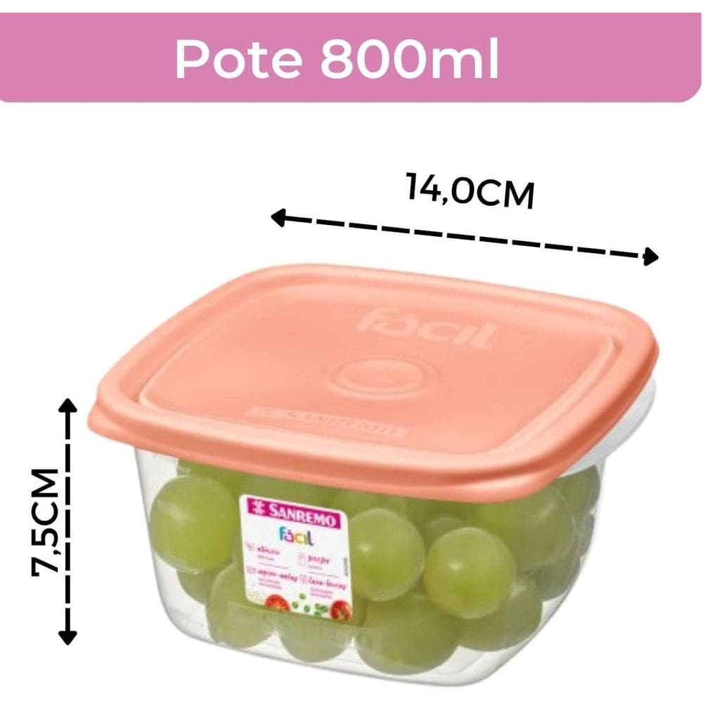3 Potes Plástico 800ml Quadrado Microondas Freezer Cor Rosa