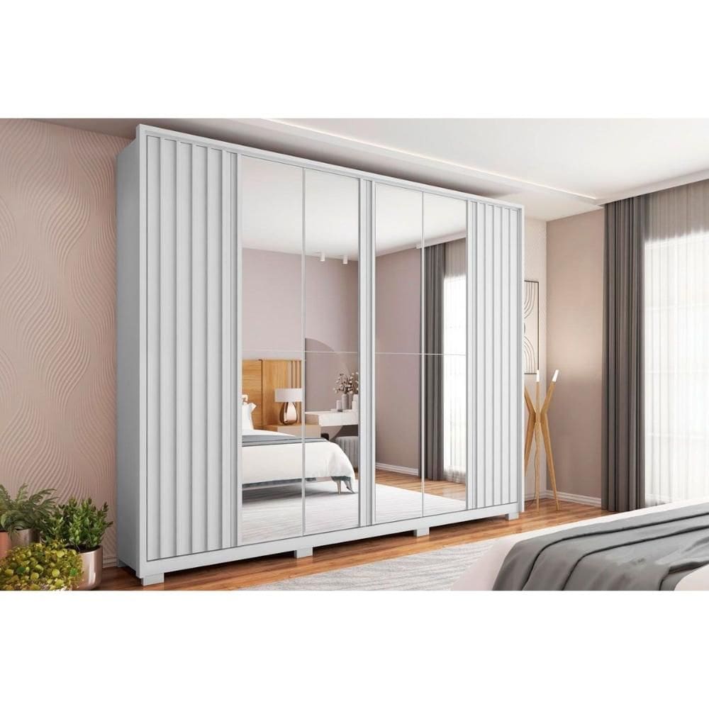 Guarda Roupa Casal 6 Portas (4 c/ Espelho) e 4 Gavetas Apollo Double Lux Branco - Caemmun