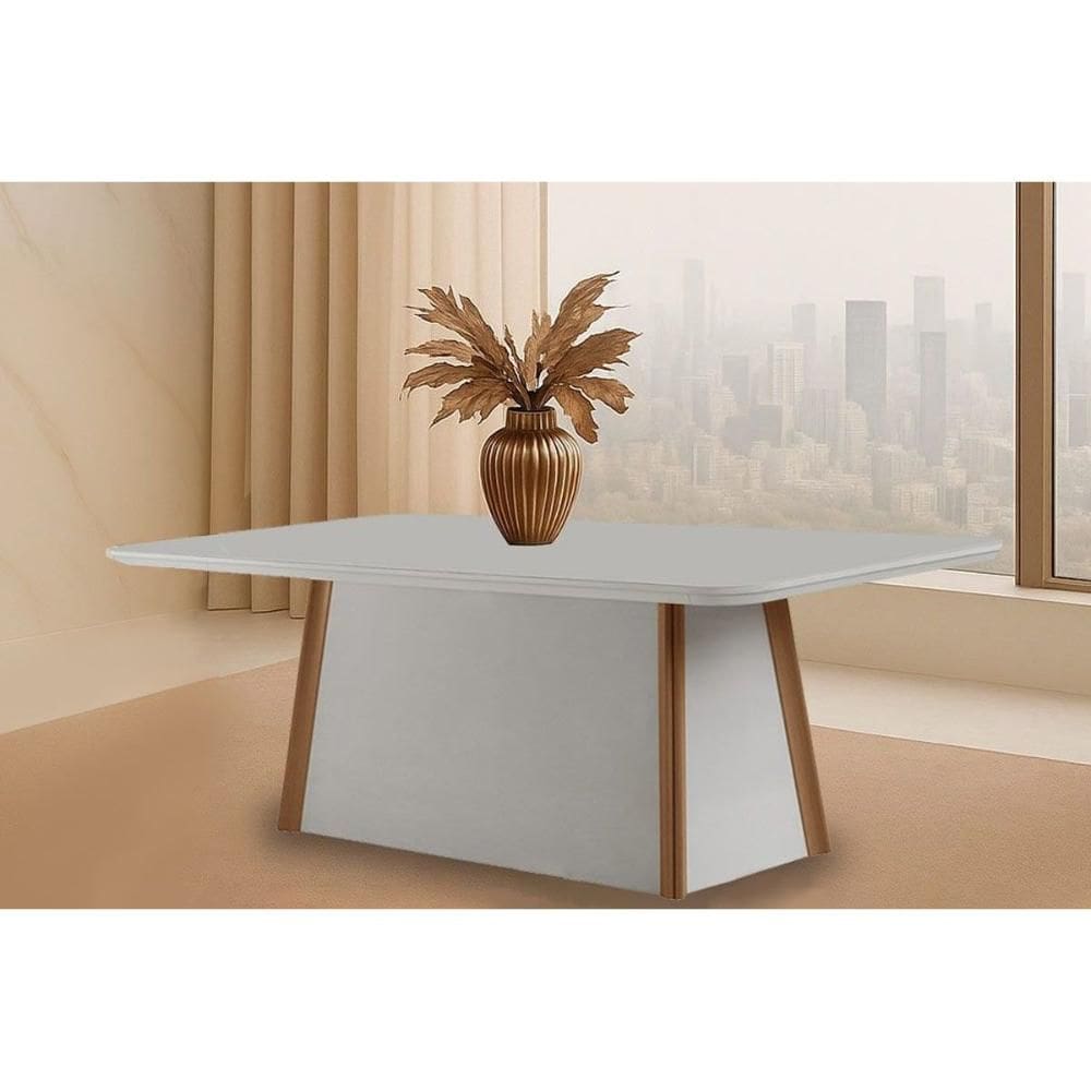 Mesa de Sala Jantar Tília c/ Tampo Madeirado c/ Vidro Canto Curvo 120X80cm Off White/Naturale/Off White - Rufato