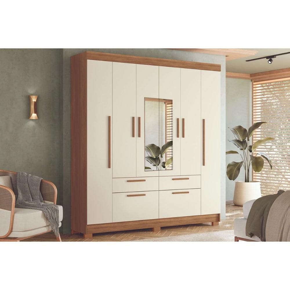 Guarda Roupa Casal 6 Portas (2 c/ Espelho) e 4 Gavetas c/ Pés Guarapuava 6.4 Jatoba/Areia - Santos Andirá
