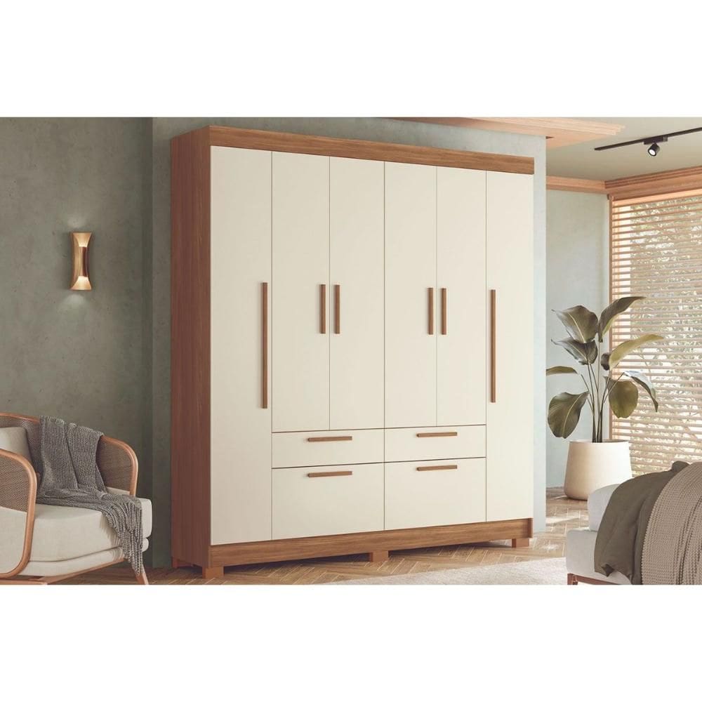 Guarda Roupa Casal 6 Portas e 4 Gavetas c/ Pés Guarapuava 6.4 Jatoba/Areia - Santos Andirá