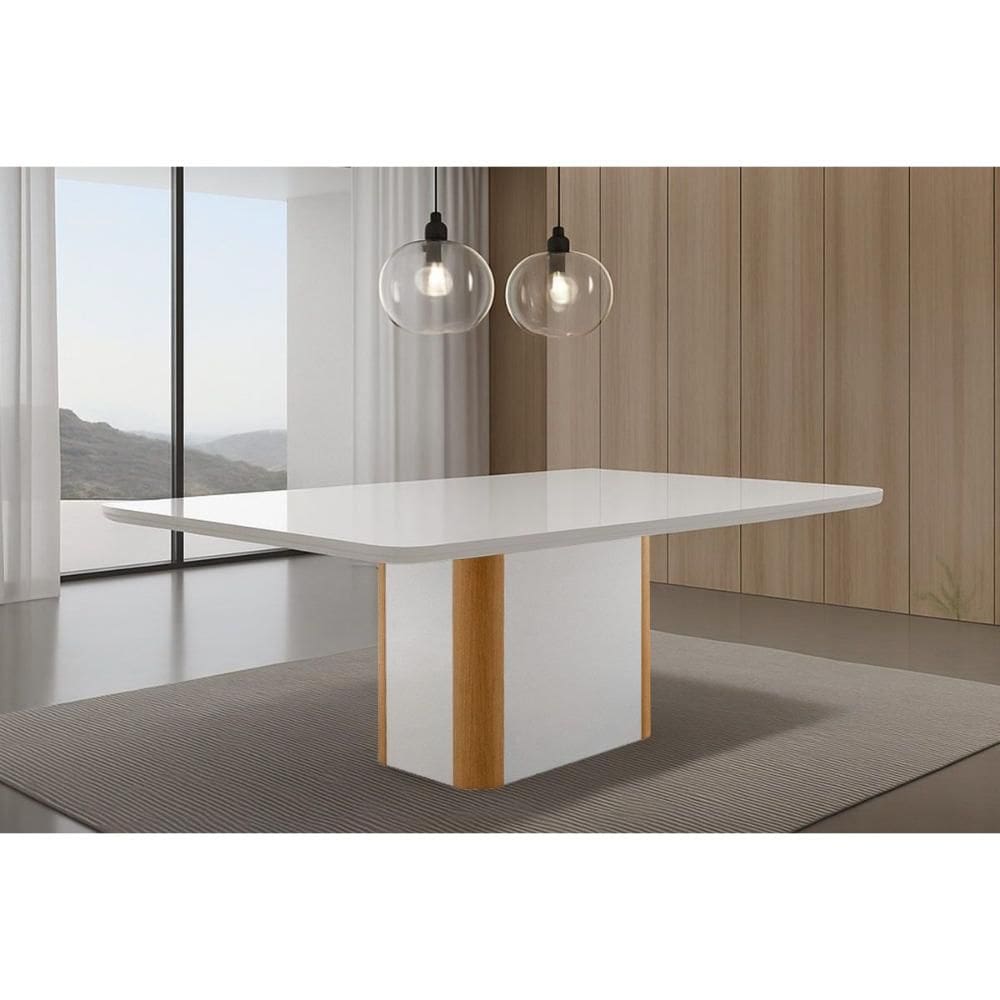 Mesa de Sala Jantar Pietá c/ Tampo Madeirado c/ Vidro Canto Curvo 180X90cm Off White/Naturale/Off White - Rufato