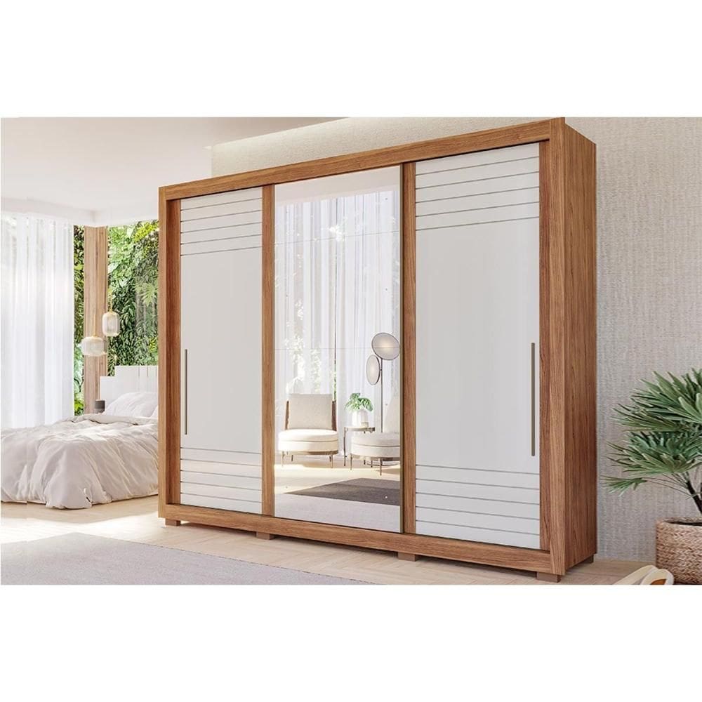 Guarda Roupa Casal 3 Portas de Correr (1 c/ Espelho) e 6 Gavetas c/ Pés Vitória Cinamomo/Off White - Panan