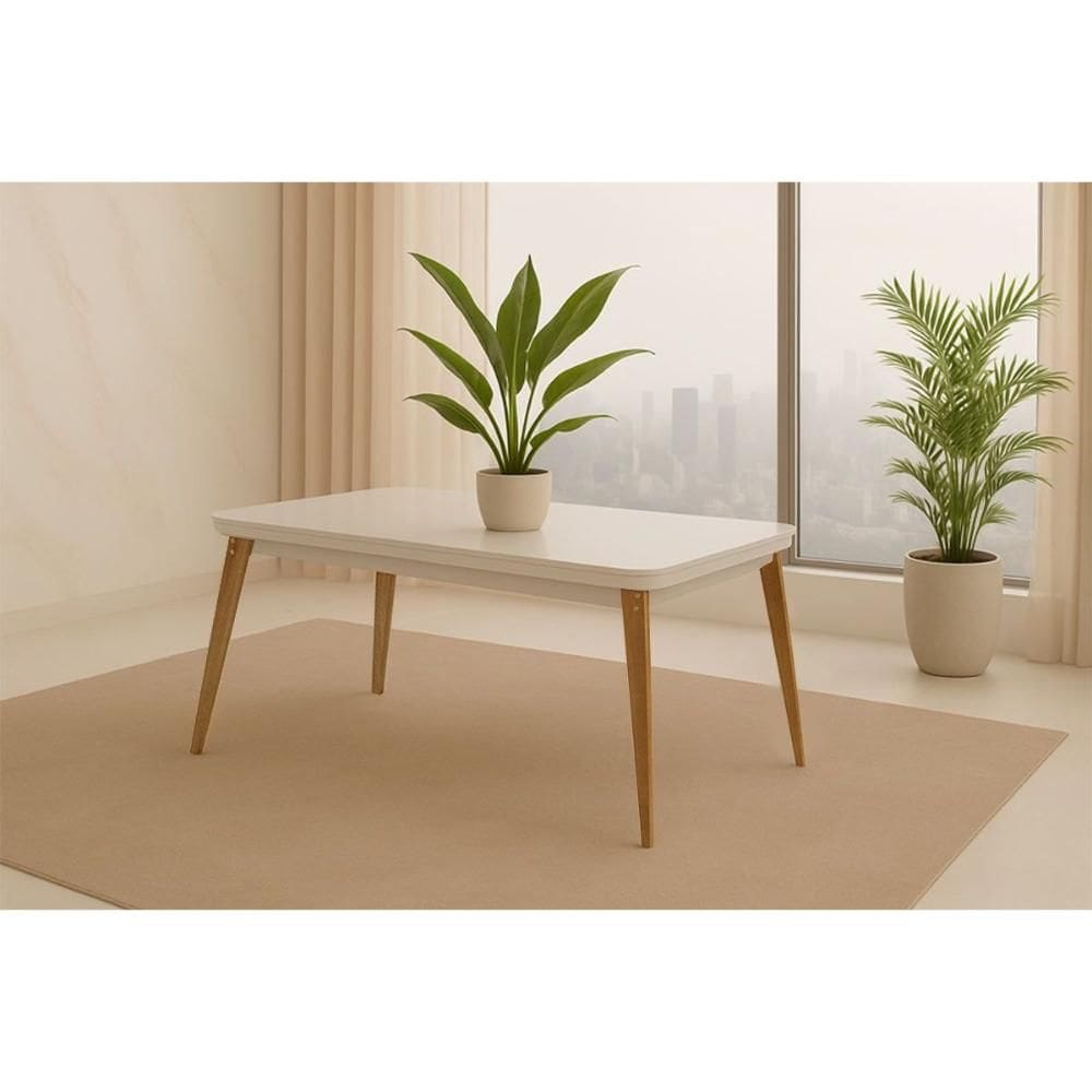 Mesa de Sala Jantar Havana c/ Tampo Madeirado c/ Vidro Canto Curvo 120X80cm Madeira Capuccino/Off White - Rufato