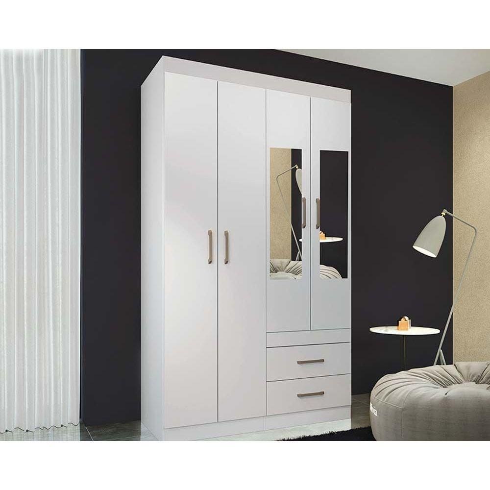 Guarda Roupa Solteiro 4 Portas (2 c/ Espelho) e 2 Gavetas Havana Star 4.2. Branco - Santos Andirá