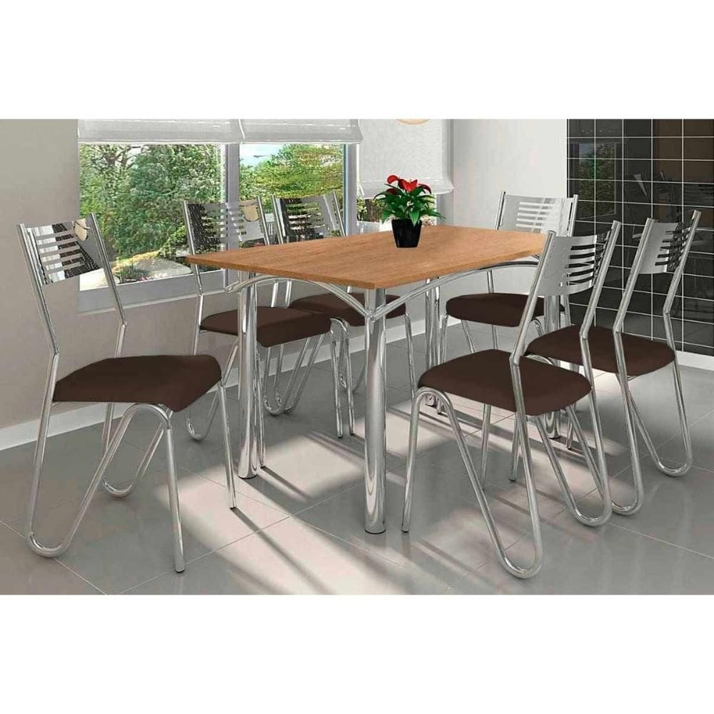Conjunto: Mesa de Cozinha Elba c/ Tampo de Madeira 160cm e 6 Cadeiras Nápoles Cromada/Nogueira - Courano Marrom - Kappesberg