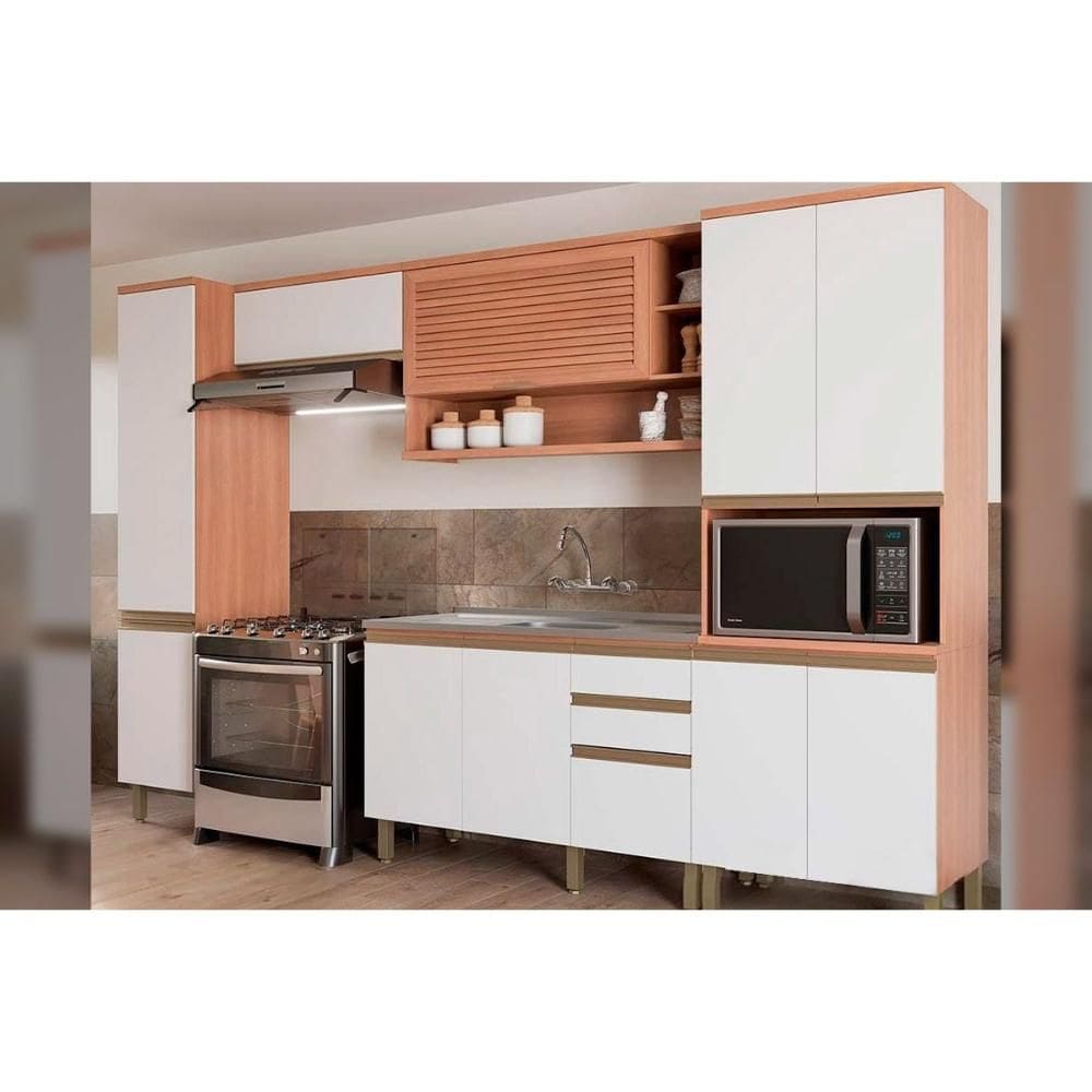 Cozinha Completa Thela Macadâmia 5 Peças (2Aéreos+1Balcão+2Paneleiros) CZC22 Freijo/Branco - Telasul