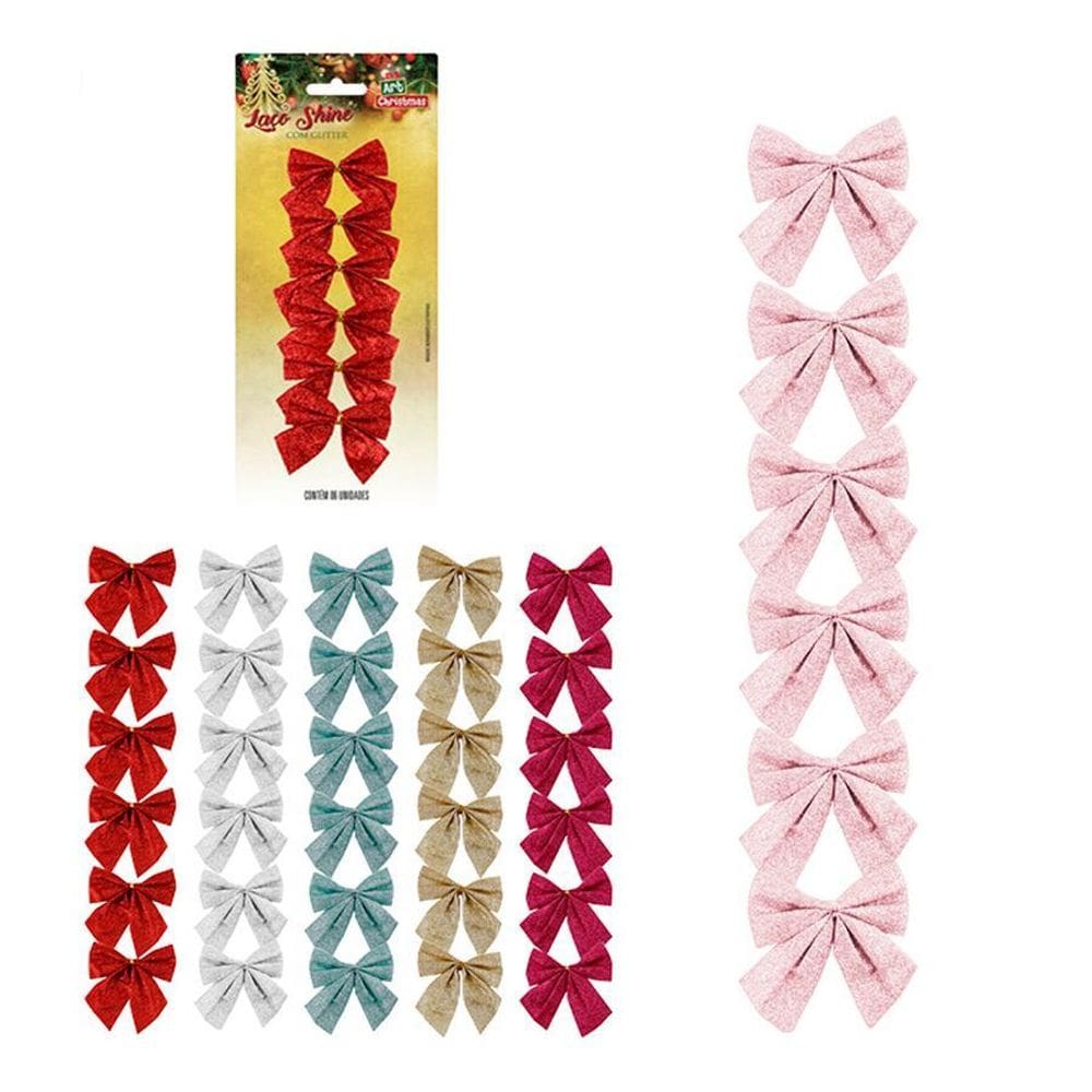 Laço Shine Com Glitters 6Un Cores Decoração Natal - Zein