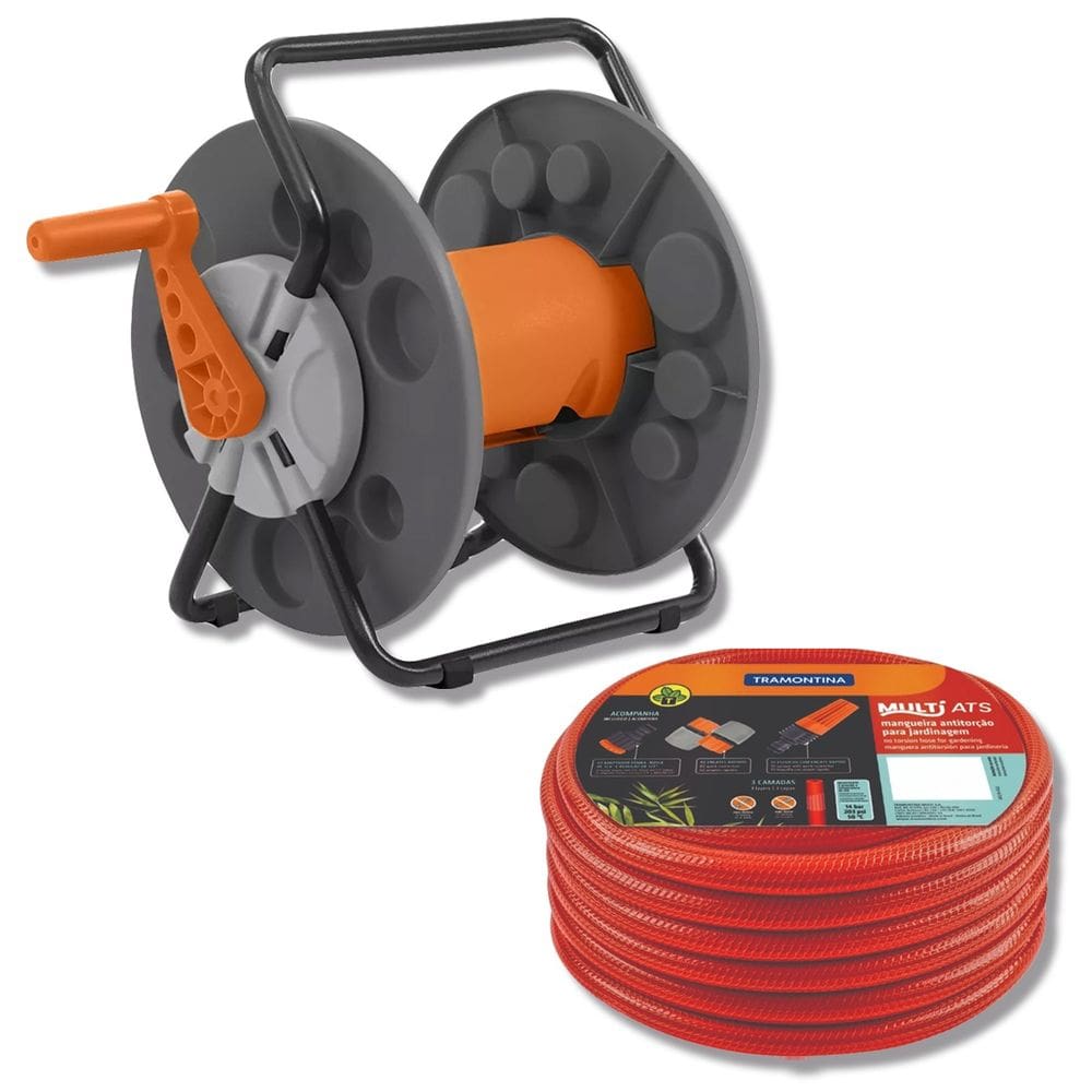Kit Mangueira Antitorção De Jardim 1/2 25m Com Suporte Enrolador Fixo Tramontina