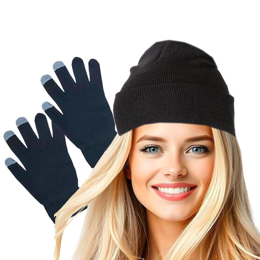 Kit Inverno: Touca Gorro de Lã Forrada + 1 Par Luvas Touch Modelo Unissex Adulto
