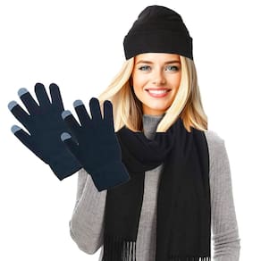 Kit Inverno: Pashmina Cachecol Fino Preto + 1 Touca Lã Forrada + 1 Luva Touch = 3 Produtos
