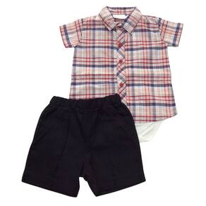 Conjunto bebê masc Noruega Vermelho xadrez e Preto