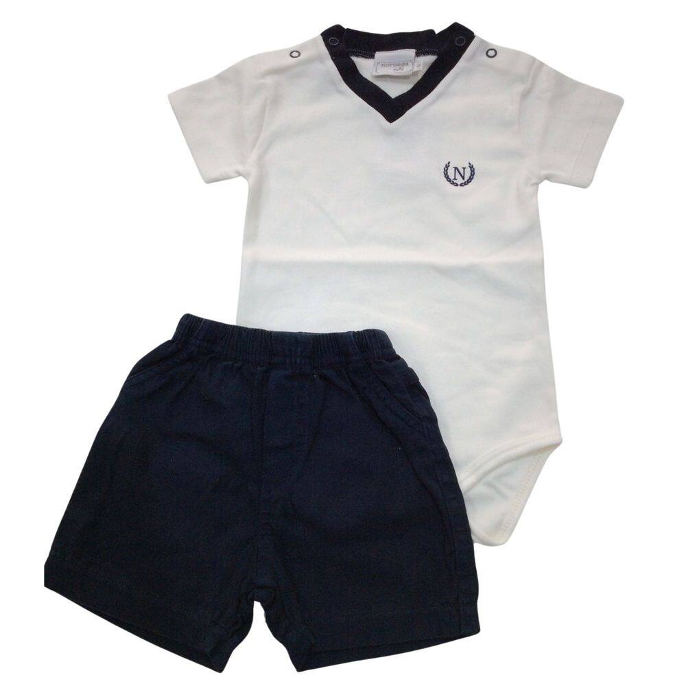 Conjunto bebê masc Noreuga gola V Cru com Marinho