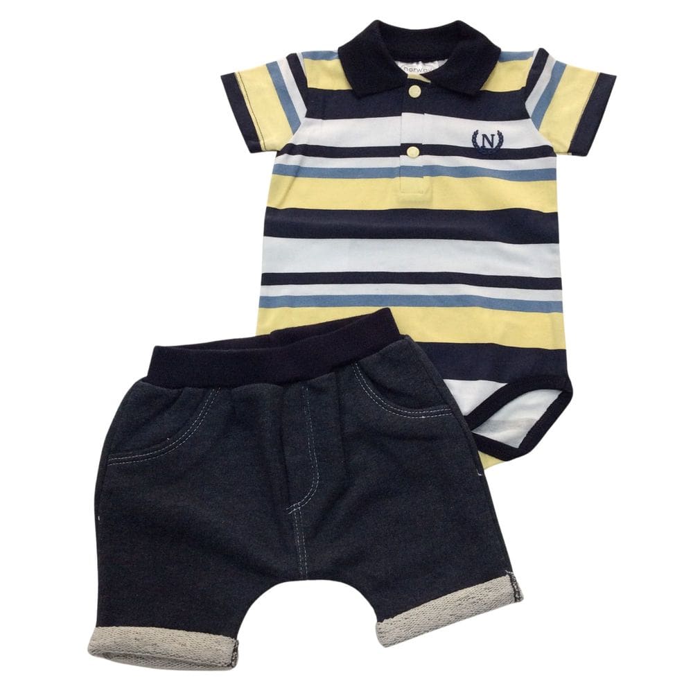 Conjunto bebê masc Noruega amarelo e marinho listras