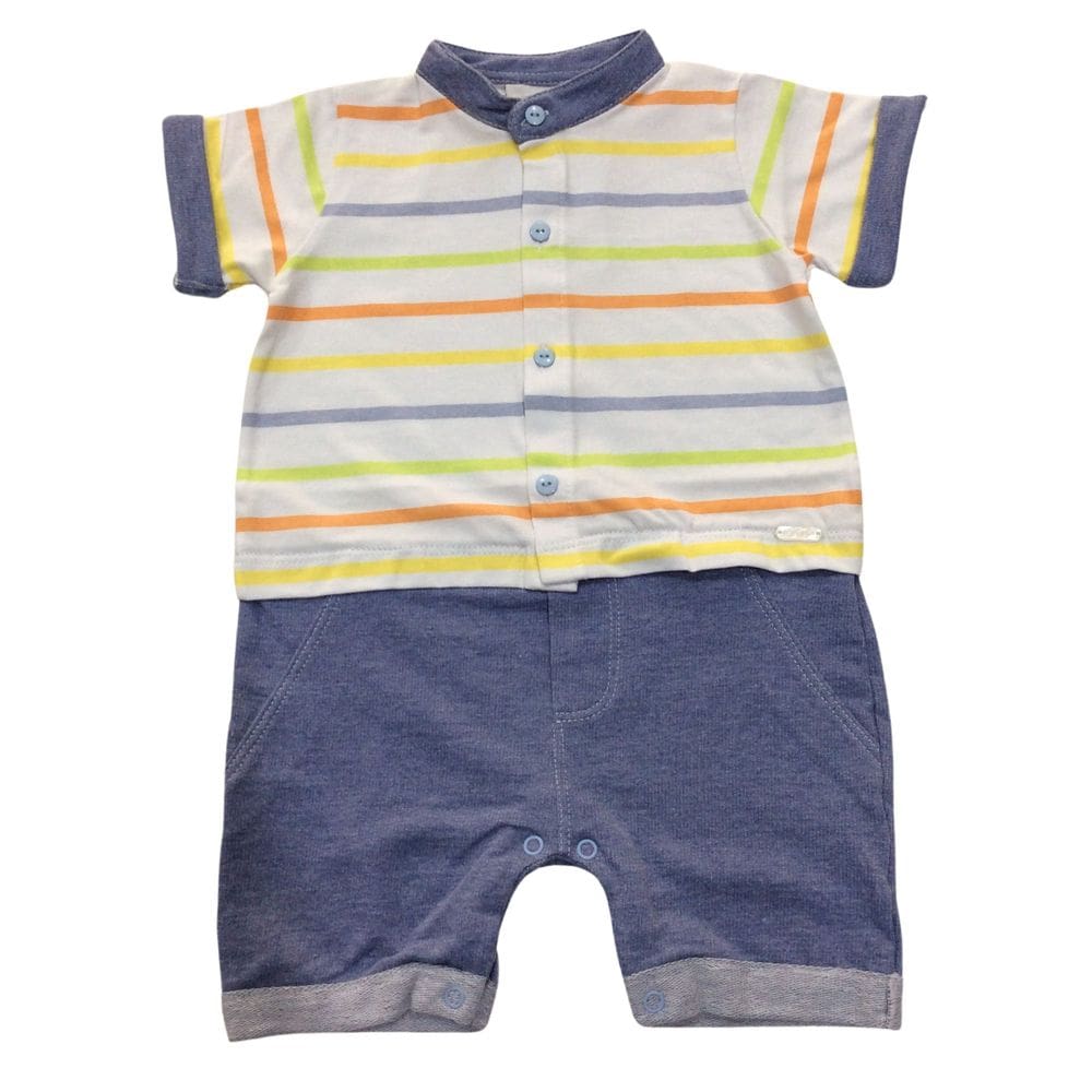 Macacão Curto bebê masc Noruega branco com listras e jeans