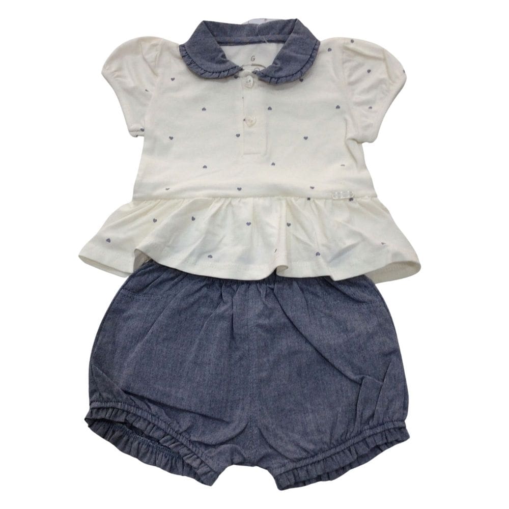 Conjunto bebê body + short Noruega Off white e azul jeans