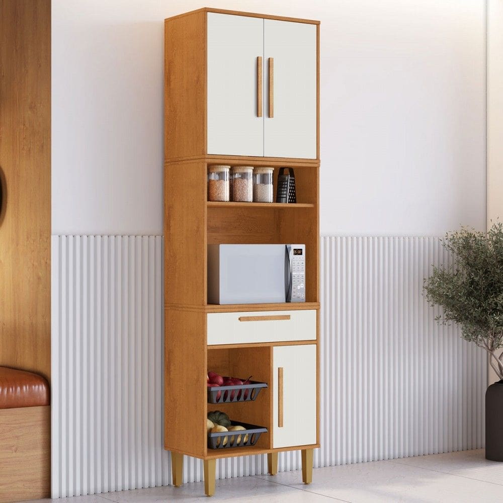Paneleiro Lorena 3 Portas 1 Gaveta com Fruteira Natural/Off White - Kaiki Móveis
