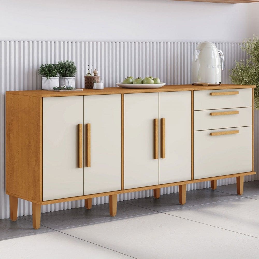 Balcão de Cozinha Lorena 5 Portas 2 Gavetas Natural/Off White - Kaiki Móveis