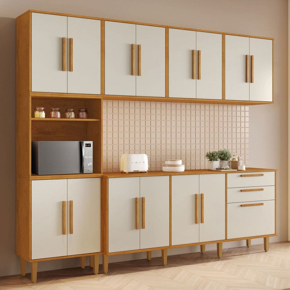 Cozinha Completa Lorena 15 Portas 2 Gavetas Natural/Off White - Kaiki Móveis