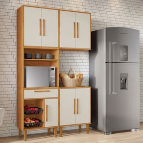 Armário de Cozinha Lorena 7 Portas 1 Gaveta com Fruteira Natural/Off White - Kaiki Móveis