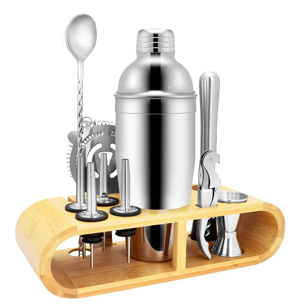 Kit Profissional 12 Peças com Coqueteleira 550ml e Acessórios em Inox para Preparo de Bebidas, com Base Organizadora e Design Elegante
