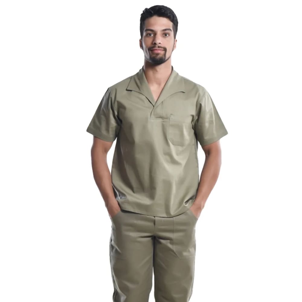 Camisa Profissional Fechado Mangas Curtas Gola Italiana Caqui