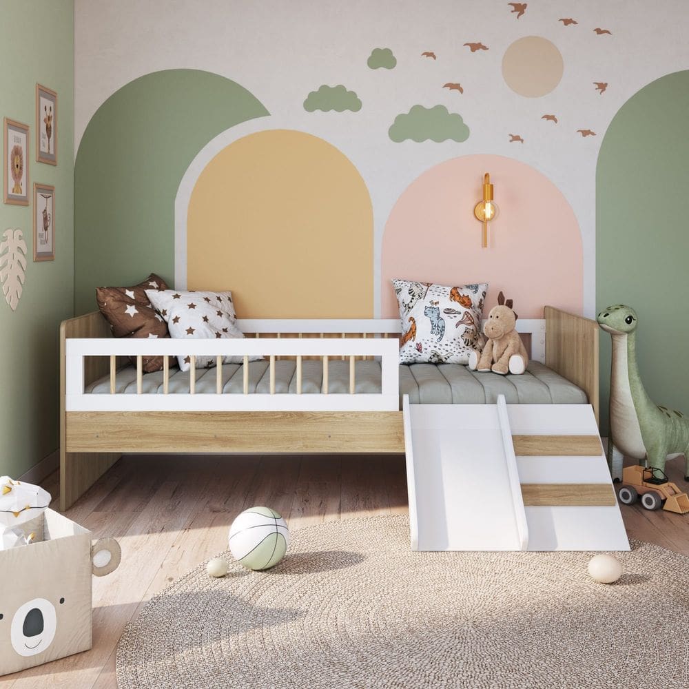 Cama Montessoriana de Solteiro com Escada e Escorrega Linha Affetto AFT010 - Completa Móveis